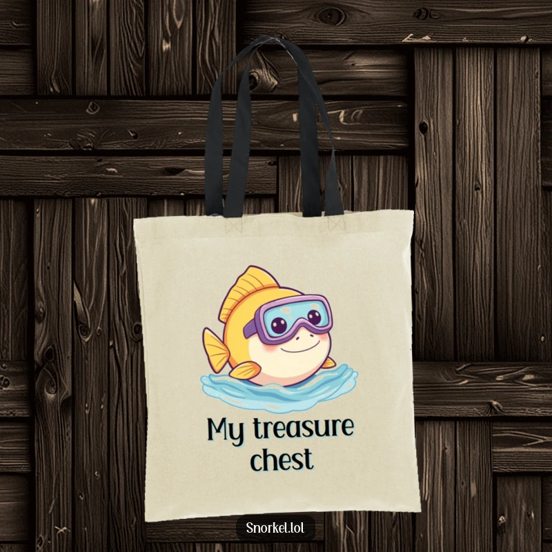 Funny fish tote bag, playfully peeking out of water with snorkel. This durable, humorous design is great for carrying items.