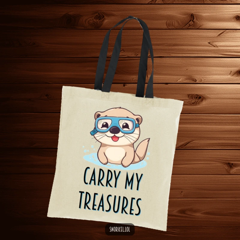 Funny otter tote bag with goggles and snorkel, swimming happily. This durable, cheerful sea creature design is ideal for daily use.