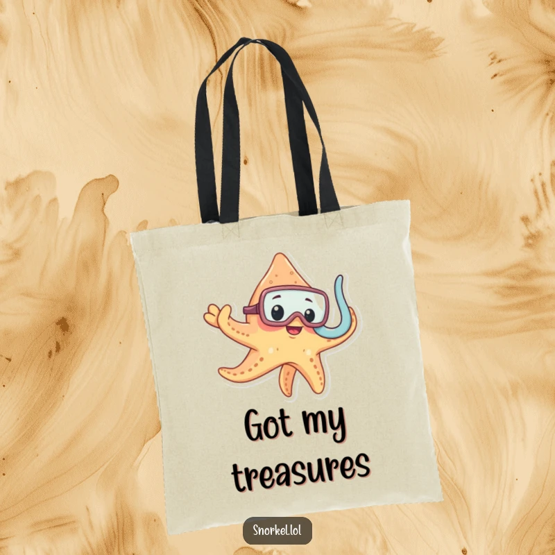 Funny starfish wearing snorkel mask, practical tote bag, curious ocean explorer, charming funny gift for beachgoers.