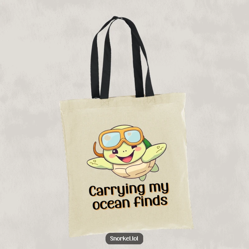 Funny Turtle Snorkel Tote Bag showing a happy turtle with a snorkel mask, swimming cheerfully, perfect for carrying essentials with aquatic humor.