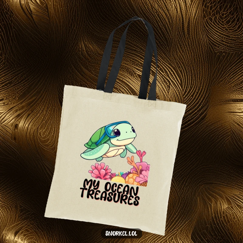 Funny sea turtle with snorkel, exploring coral reef, on a practical tote bag, ideal funny gift.